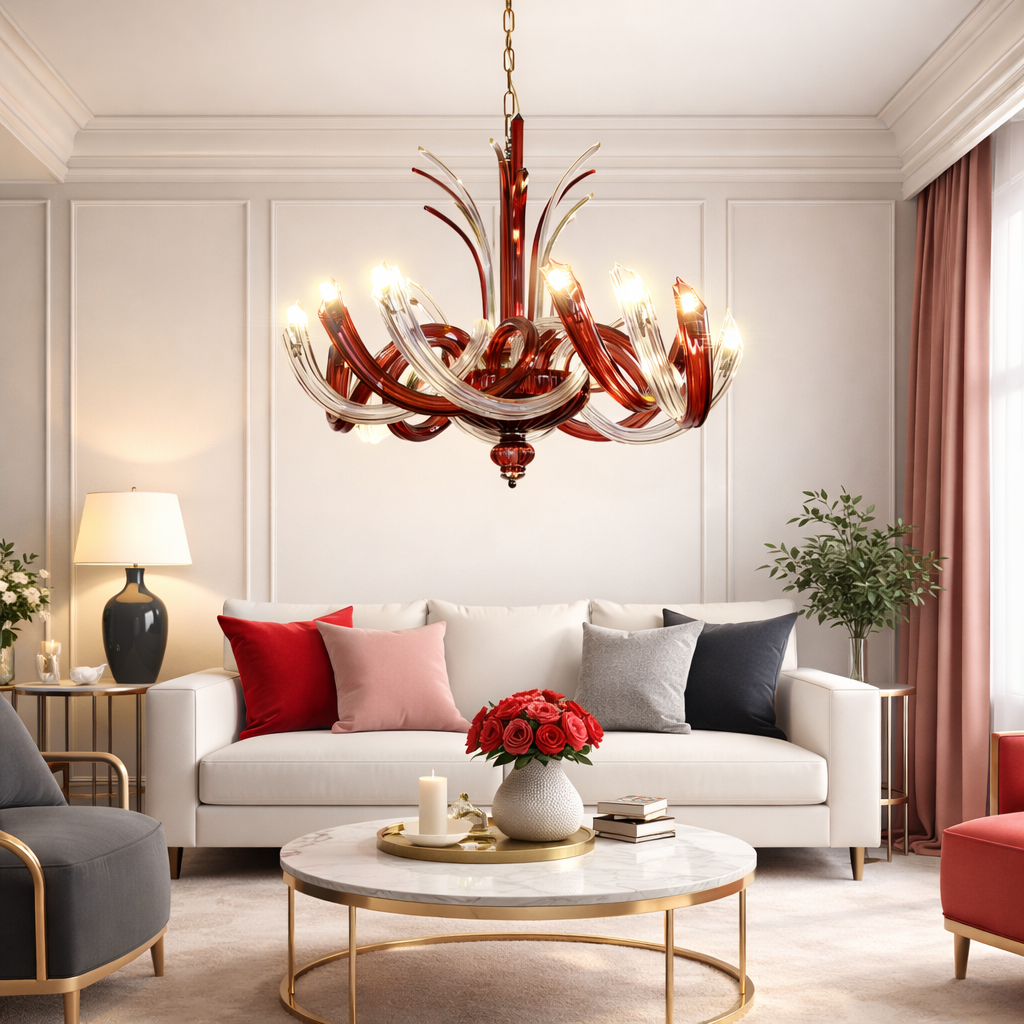 Decorative chandelier in a living-room setting; confirm dimensions for your own ceiling