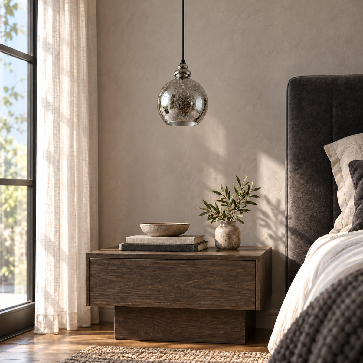 3D Glass Globe Pendant with Black Details, unlit in a daytime interior