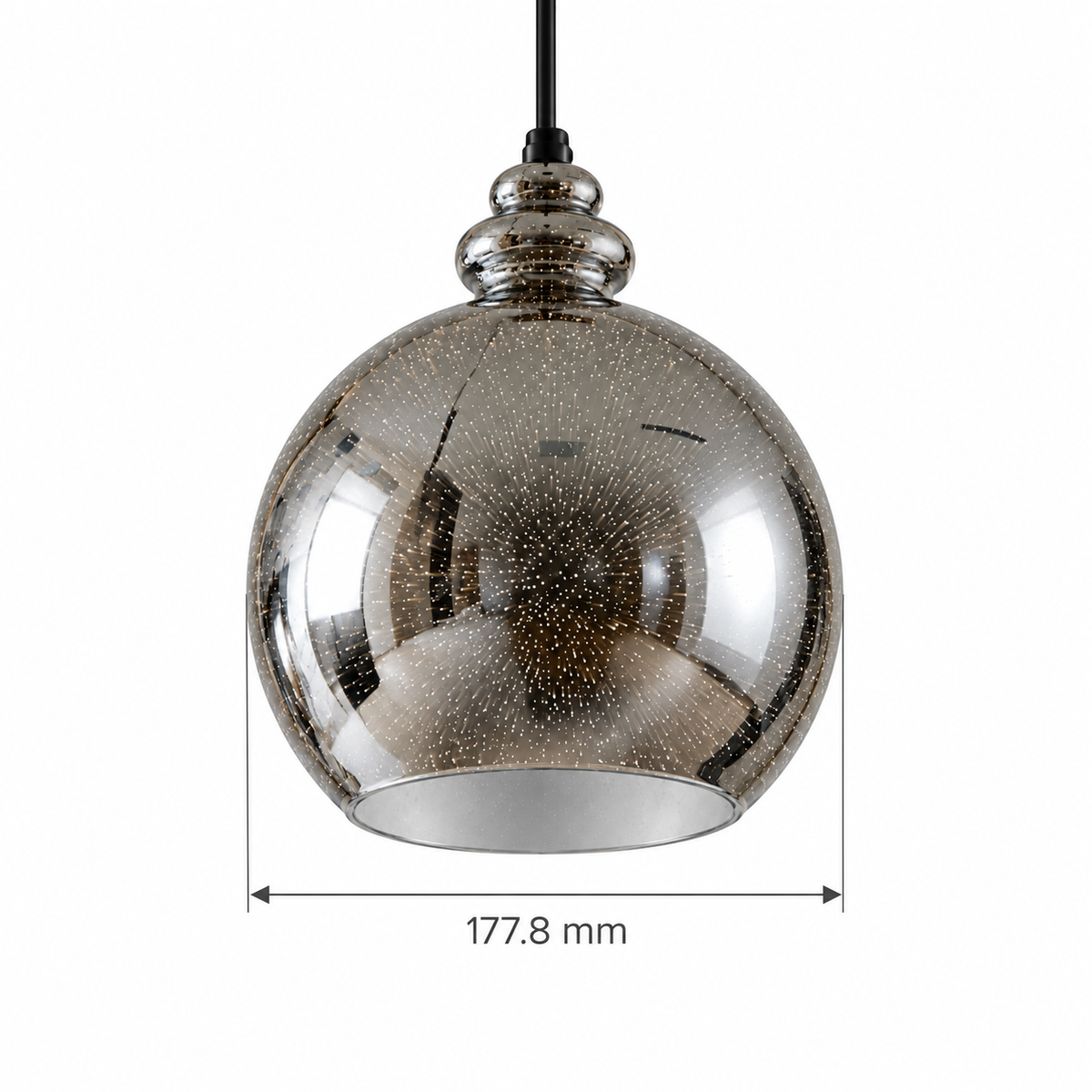 3D Glass Globe Pendant with Black Details, dimension diagram; Glass shade diameter only: 177.8 mm (7 inches). Height and suspension drop are not specified.