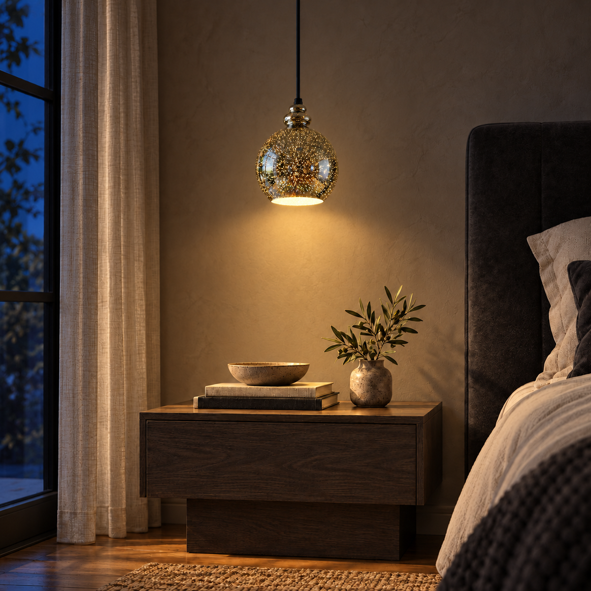 3D Glass Globe Pendant with Black Details, illuminated in a nighttime interior