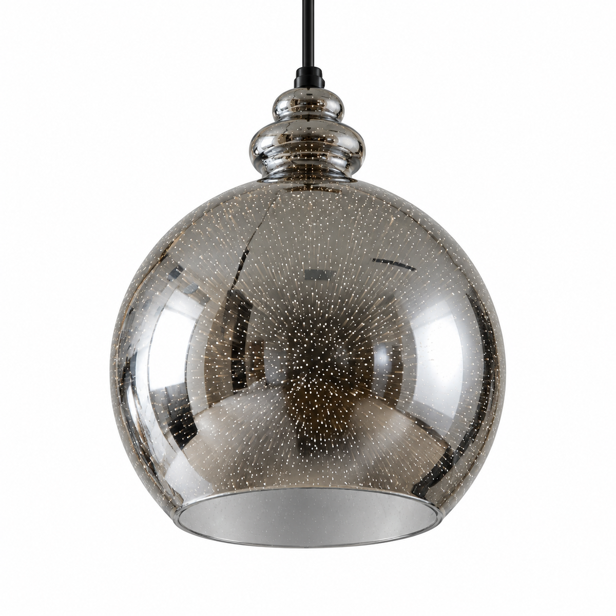 3D Glass Globe Pendant with Black Details, unlit studio view