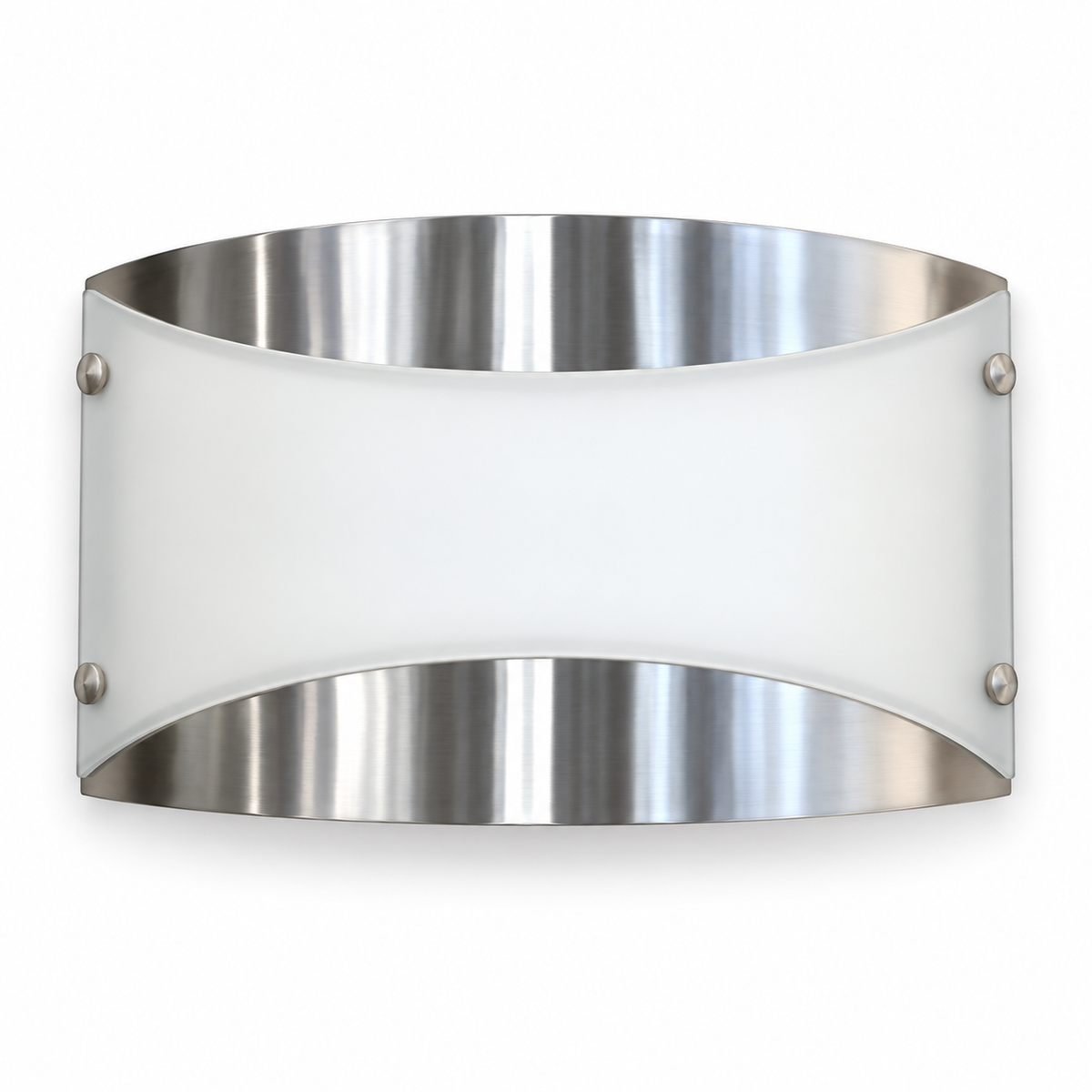 Curved wall light with a plain white centre glass panel, silver-tone upper and lower bands and four corner fasteners, switched off against a white background