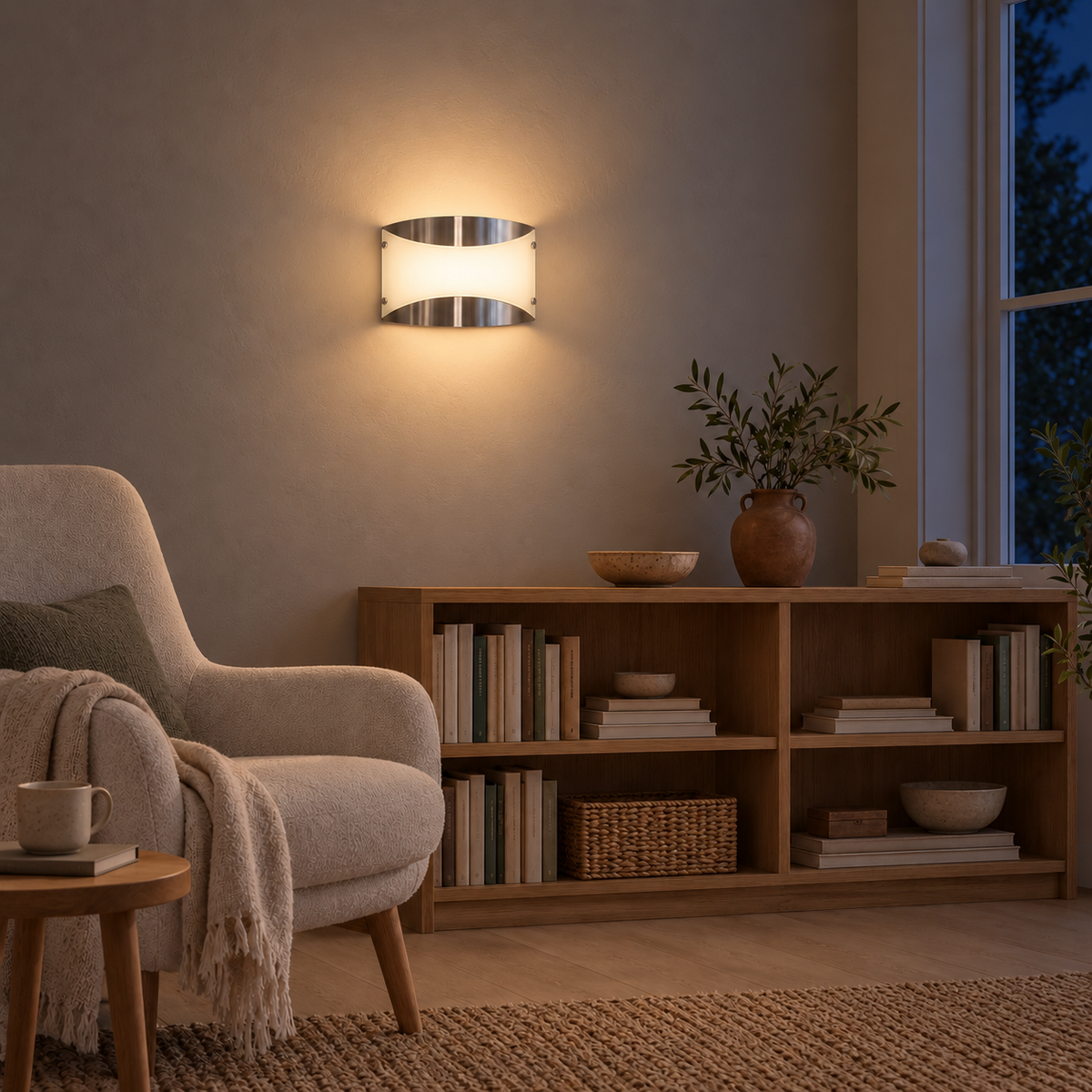 Curved Centre Glass Panel Wall Light above a low wood bookcase beside a pale upholstered armchair at night, illuminated
