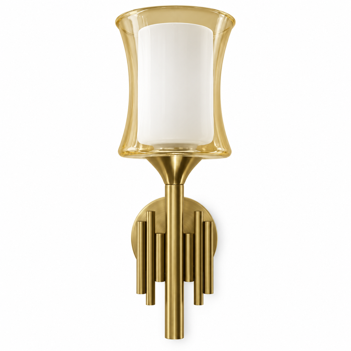Amber hourglass-shaped glass wall light with a white inner shade and gold-tone rod details, switched off against a white background
