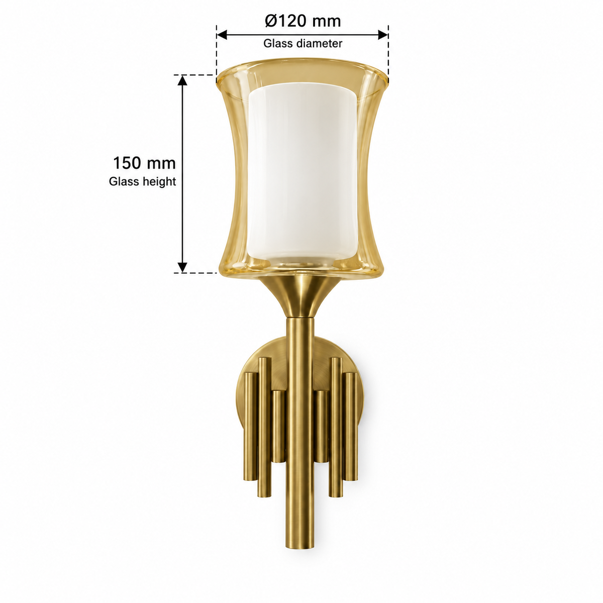 Amber hourglass glass wall light dimension guide showing glass diameter 120 mm and glass-only height 150 mm, excluding gold-tone hardware