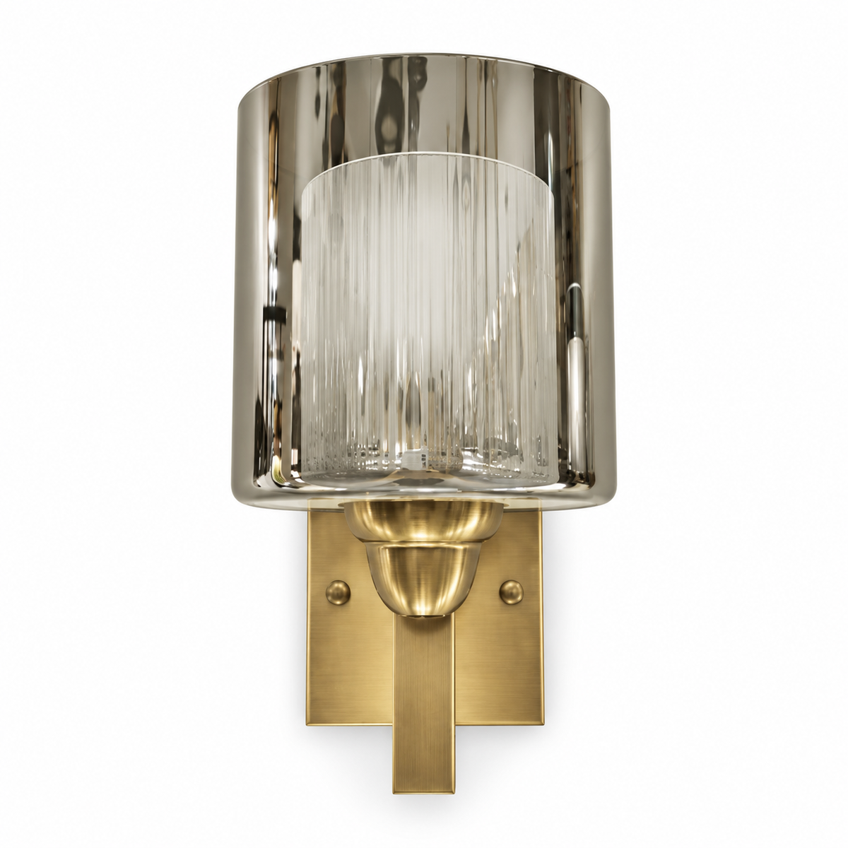 Smoke outer glass cylinder with a white ribbed inner shade and gold-tone backplate, switched off against a white background
