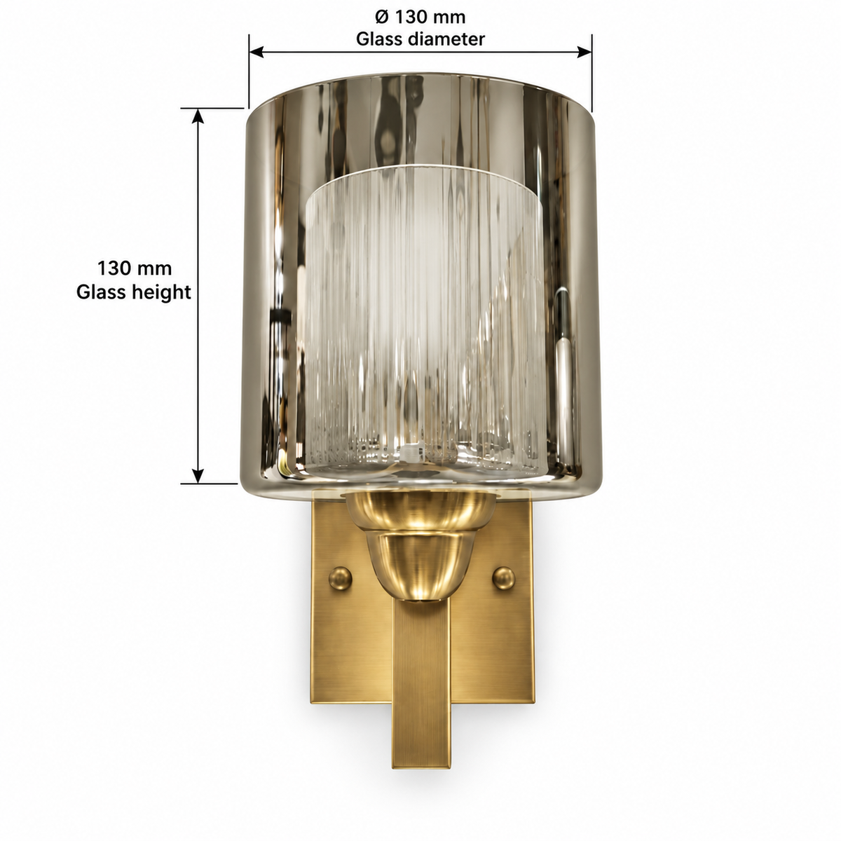 Smoke layered glass wall light dimension guide showing outer glass diameter 130 mm and glass-only height 130 mm, excluding gold-tone support