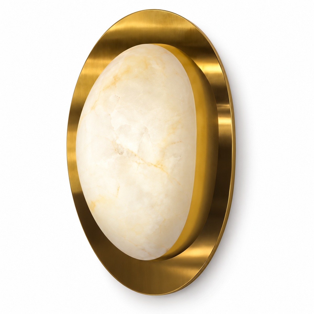 Stone-Effect Oval Halo Wall Light with a pale stone-effect face framed by a broad gold-tone oval surround, shown switched off against a white background