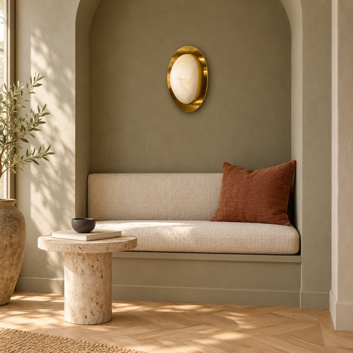 Stone-Effect Oval Halo Wall Light installed in a daylight interior, switched off