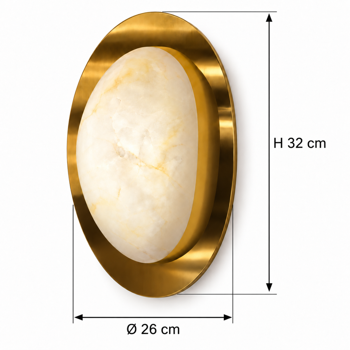 Stone-Effect Oval Halo Wall Light dimension guide showing diameter 26 cm; overall height 32 cm