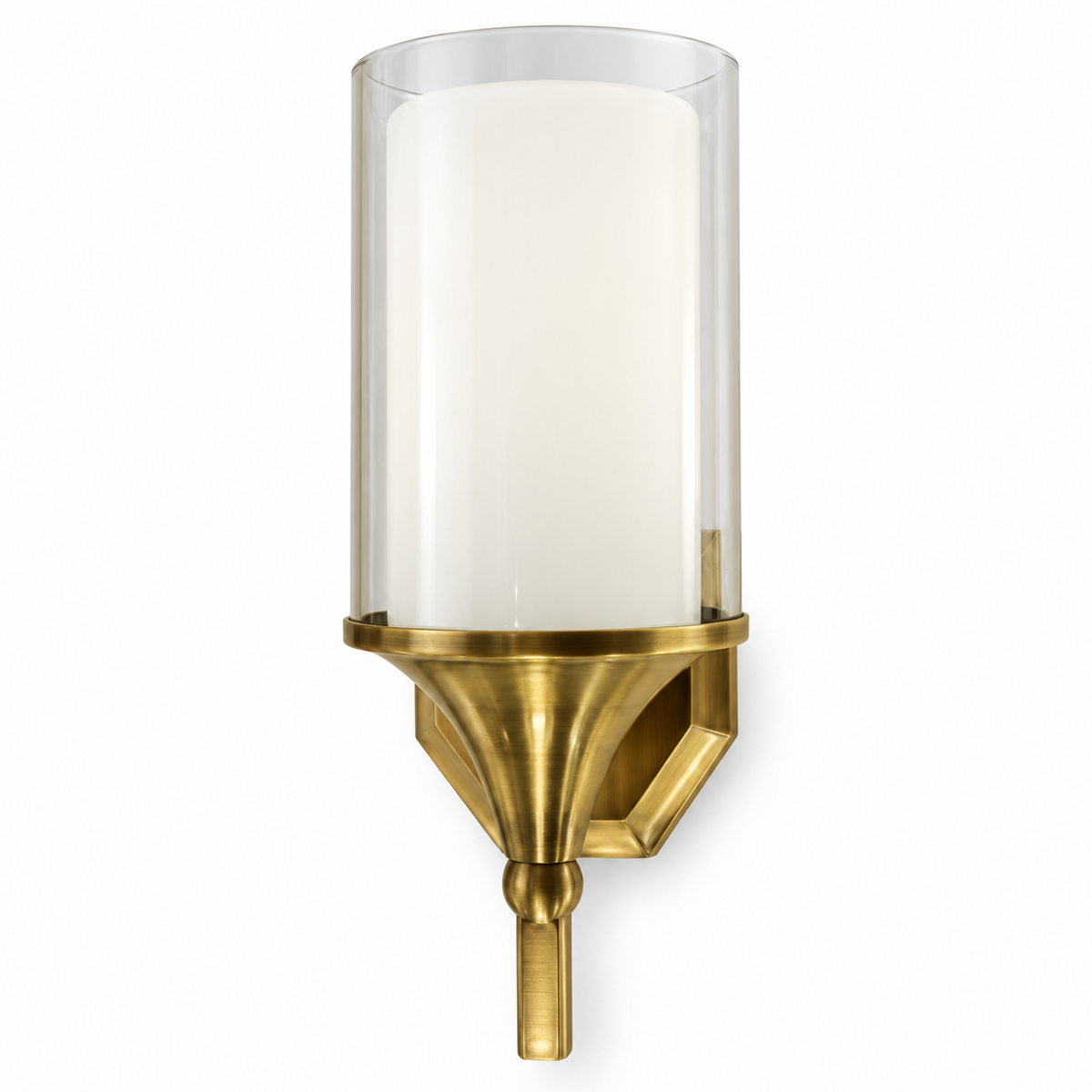 Clear cylindrical glass wall light with a white inner shade and flared gold-tone support, switched off against a white background