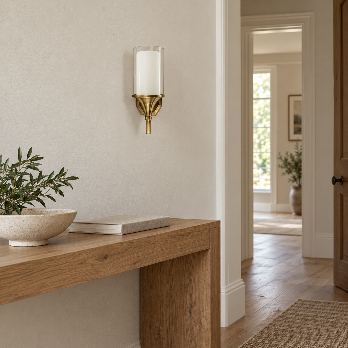 Clear Layered Glass Torch Wall Light above a light wood console beside a doorway in daylight, switched off