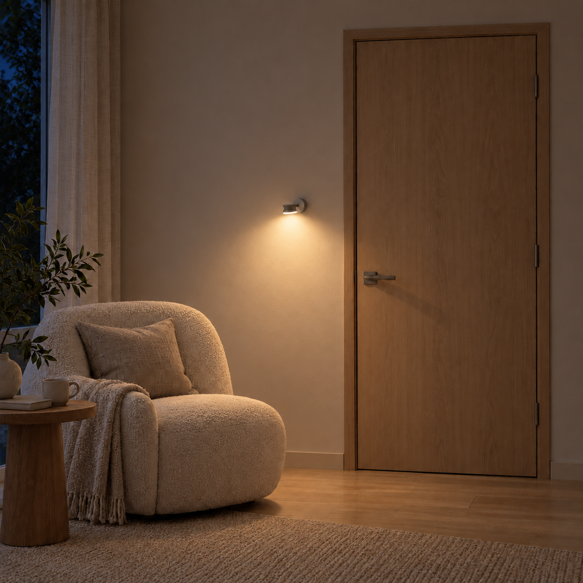 Halo rim spool wall light, illuminated in a nighttime interior setting.