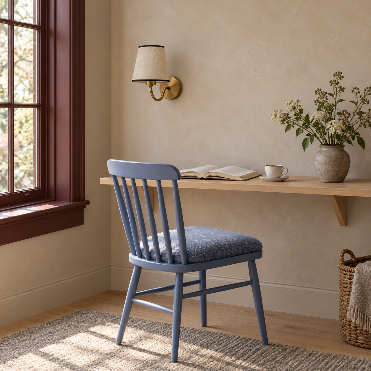 Off-white shade curved-arm wall light above a wall-mounted desk in daylight, switched off