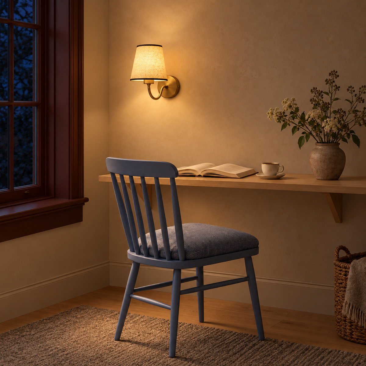 Off-white shade curved-arm wall light illuminated above a wall-mounted desk at night