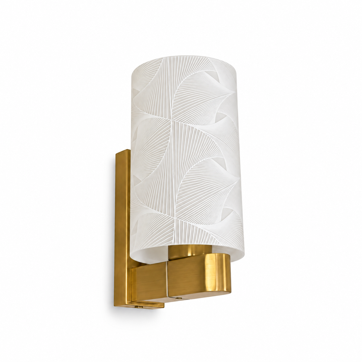 White glass cylinder wall light with a fan-like line pattern, gold-tone holder and rectangular backplate, switched off against a white background