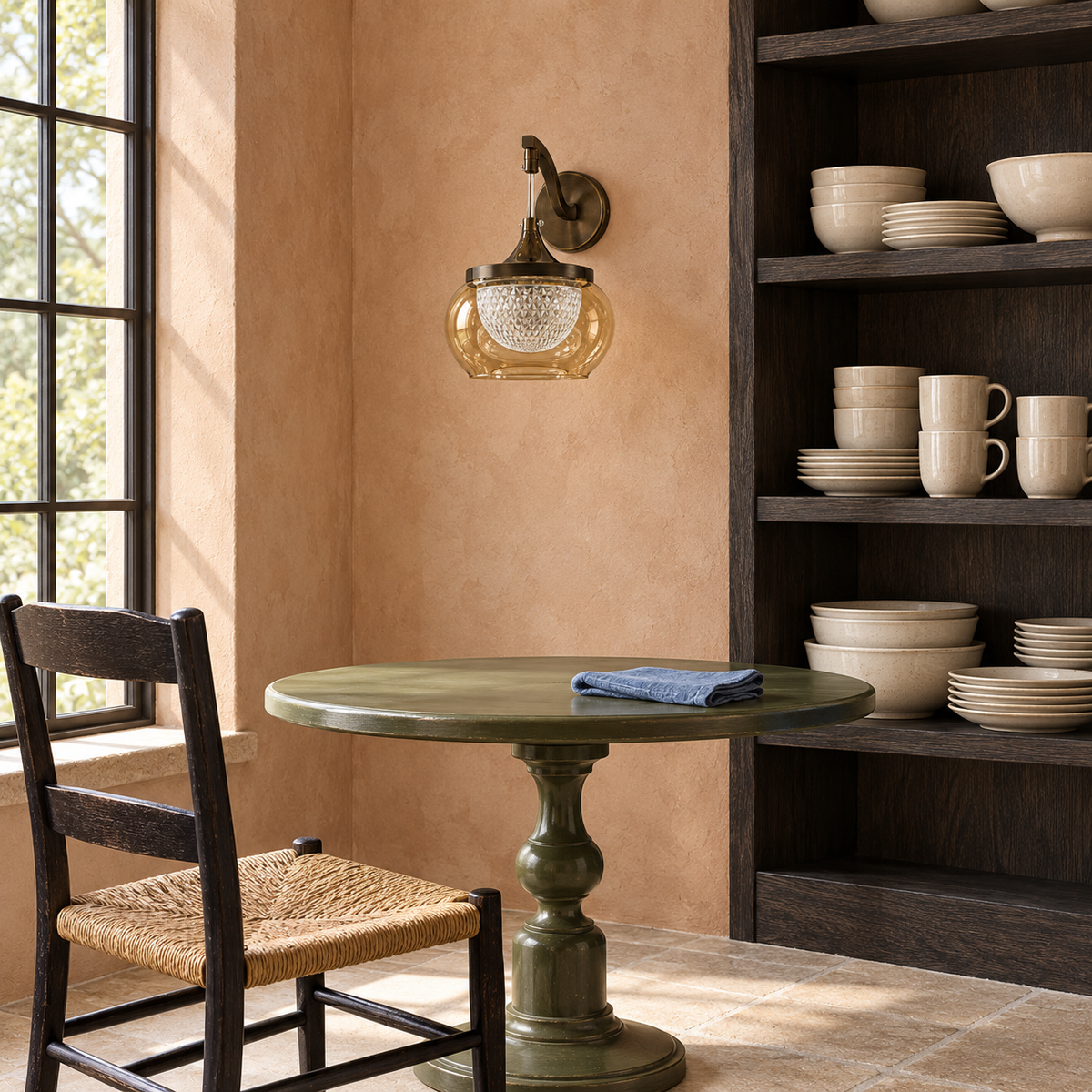 Amber glass hanging bowl wall light beside a small dining table in daylight, switched off
