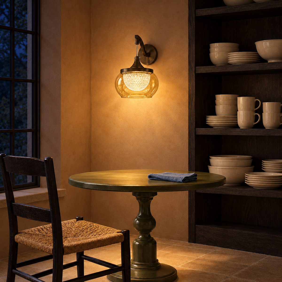Amber glass hanging bowl wall light illuminated beside a small dining table at night