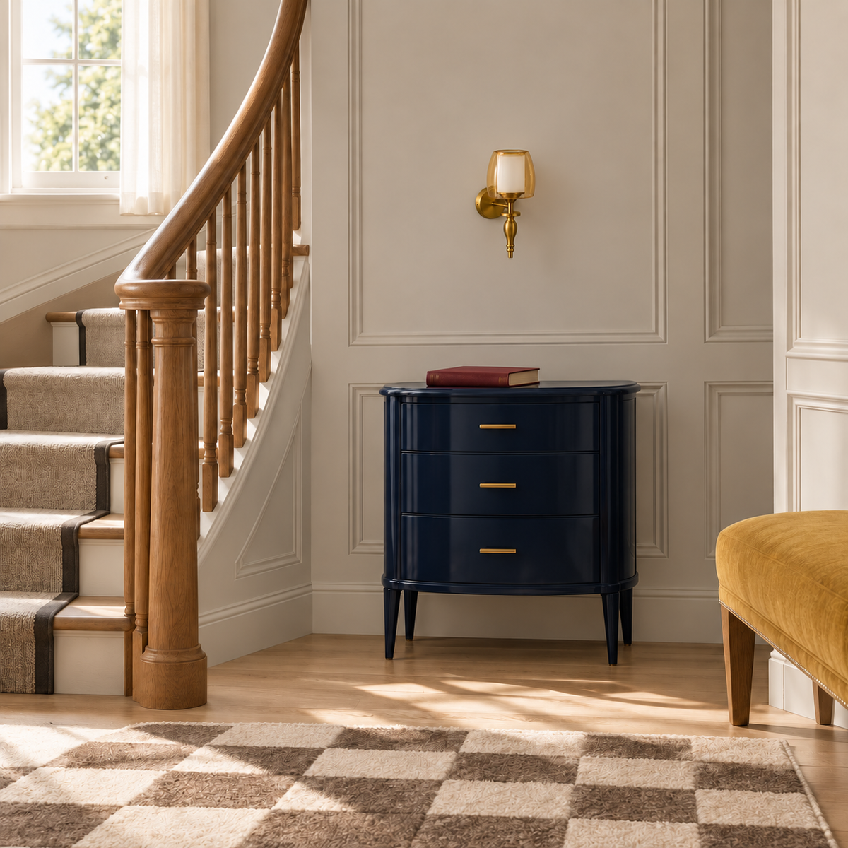 Amber and frosted glass finial wall light above a cabinet beside a staircase in daylight, switched off