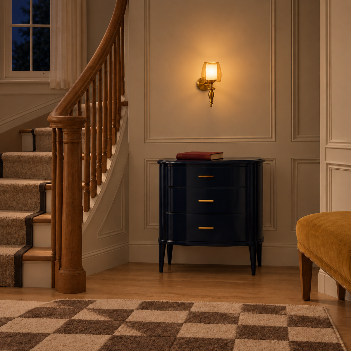 Amber and frosted glass finial wall light illuminated above a cabinet beside a staircase at night