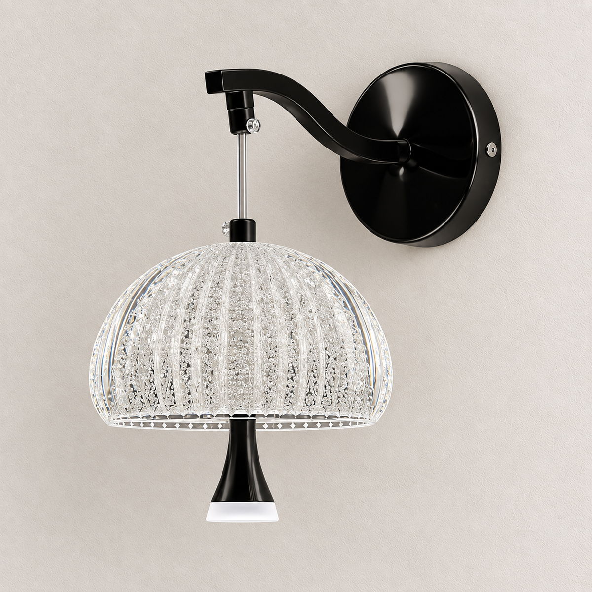 Clear textured acrylic dome wall light suspended from a black curved arm, switched off