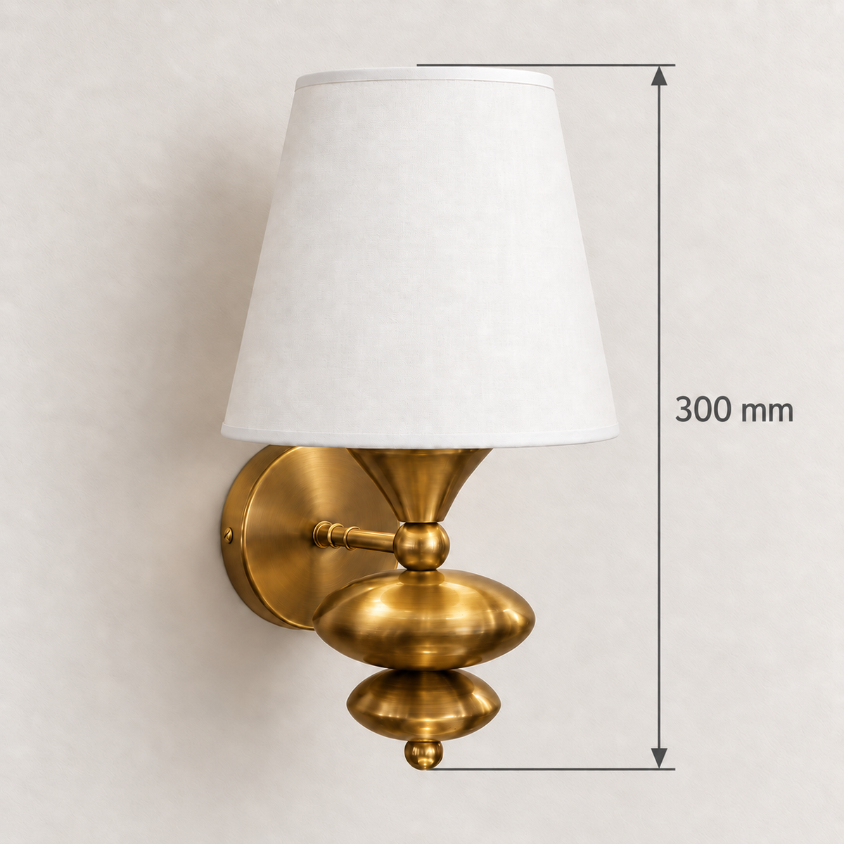 White shade sculpted-finial wall light showing 300 mm overall height
