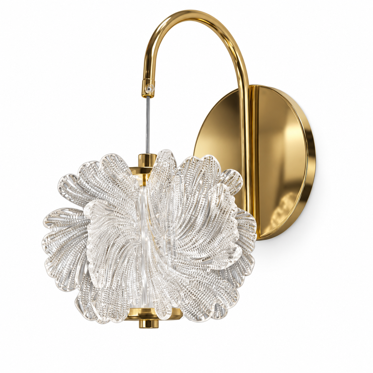 Clear twisted-petal acrylic wall light on a gold-tone arched arm with a round wall plate, switched off