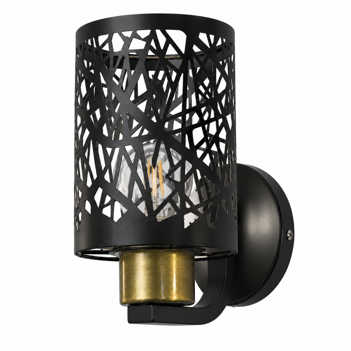 Black open-lattice cylindrical metal wall light with a gold-tone collar and round backplate, switched off against a white background