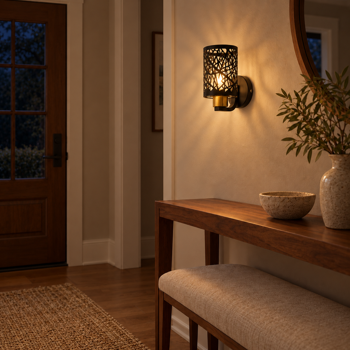 Black Lattice Cylinder Wall Light above a console and upholstered bench beside an entry door at night, illuminated