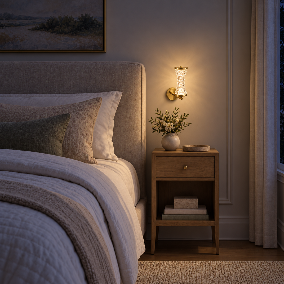 Faceted Hourglass Acrylic Wall Light illuminated in an interior at night