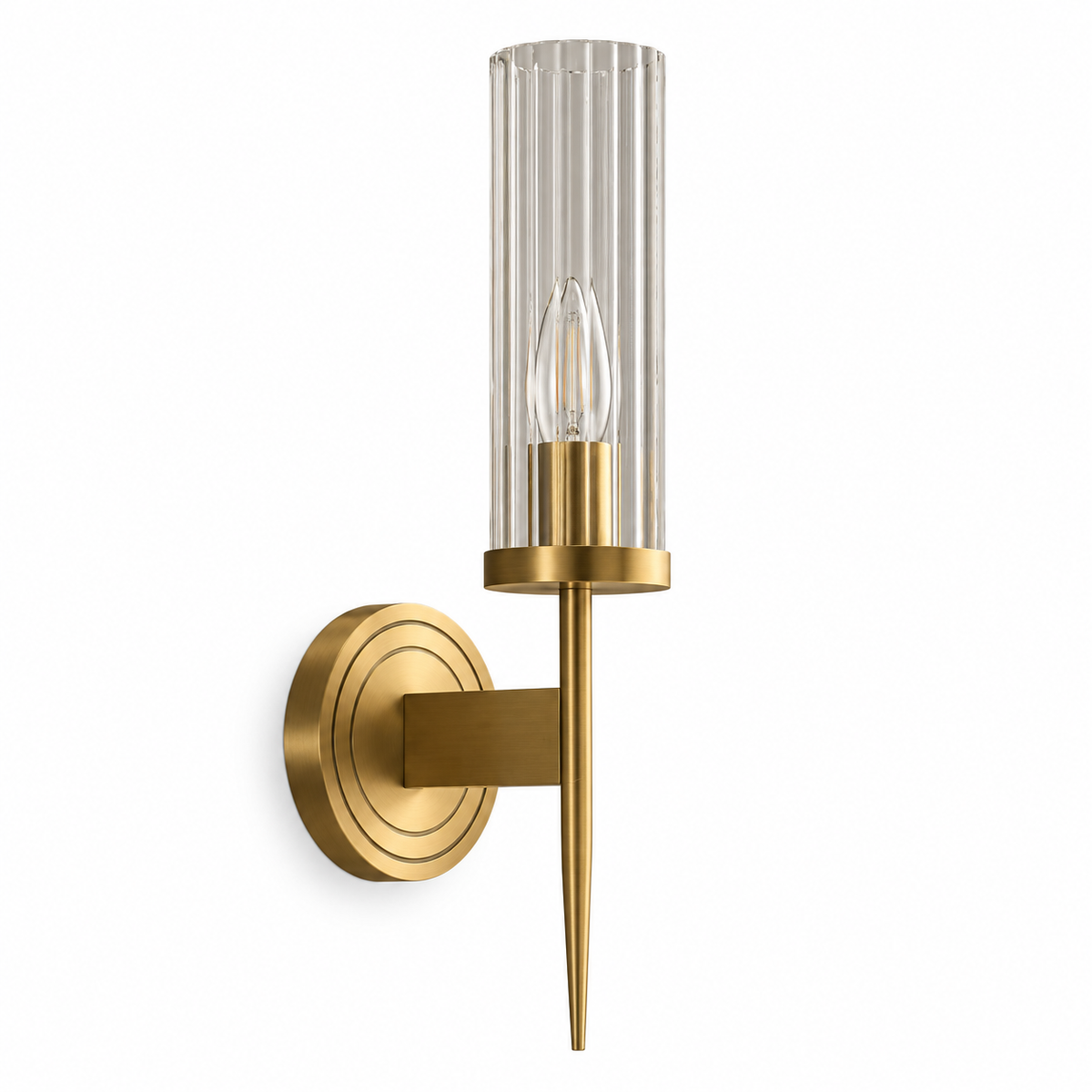 Slender clear fluted glass torch wall light with a pointed gold-tone stem, switched off against a white background
