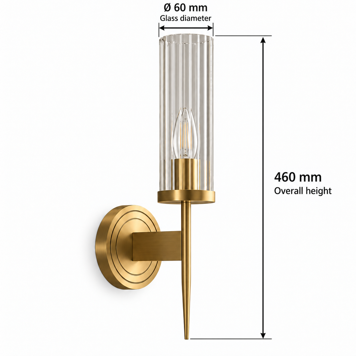 Slender fluted glass torch wall light dimension guide showing glass diameter 60 mm and overall height 460 mm including the lower stem