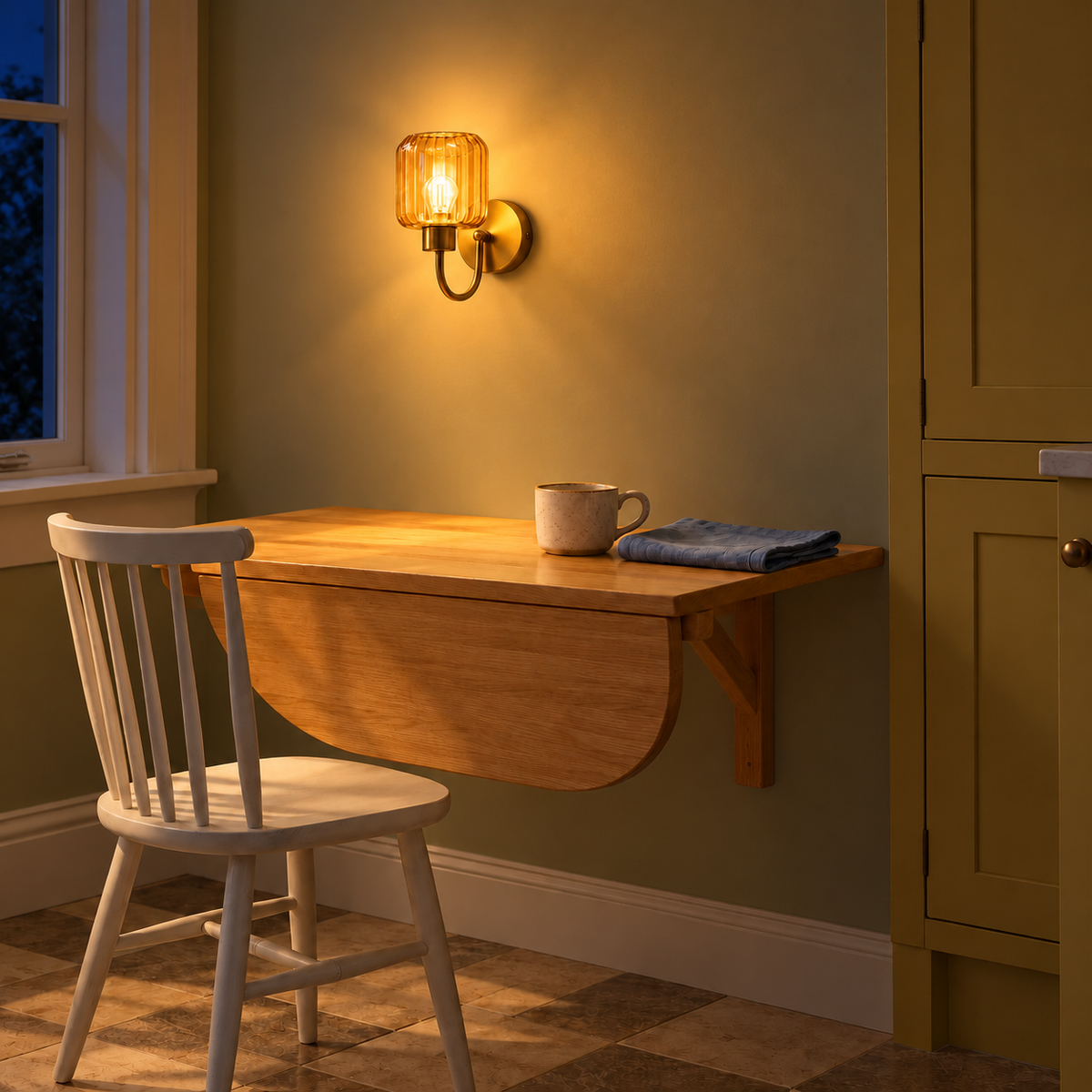 Fluted amber shade wall light illuminated above a small dining table at night