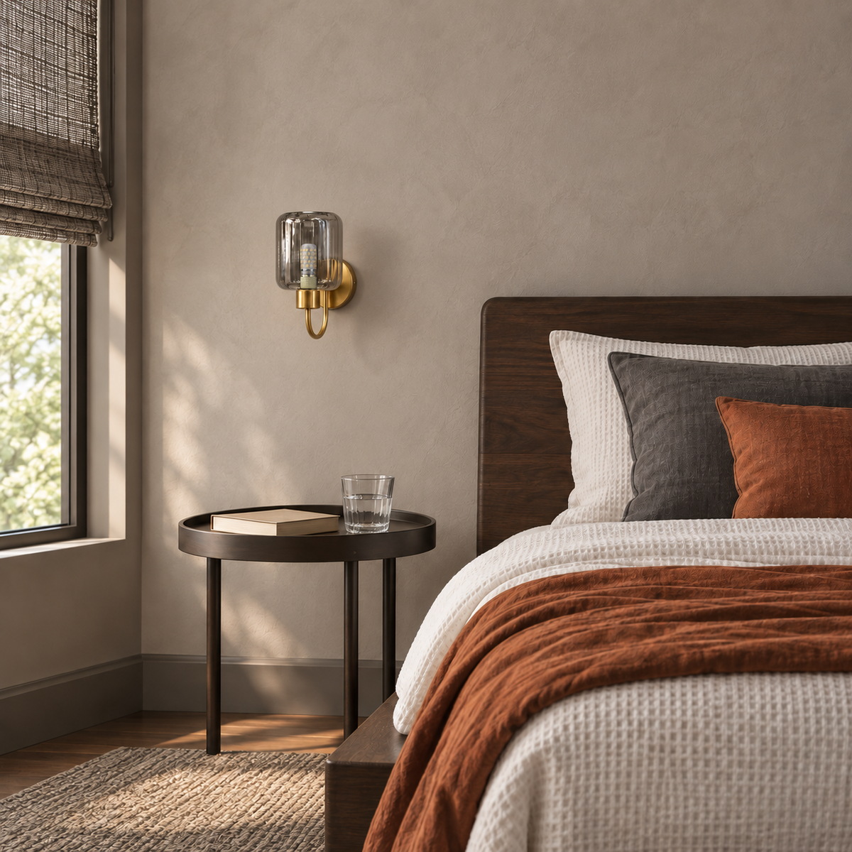 Fluted smoke shade wall light beside a bed in daylight, switched off