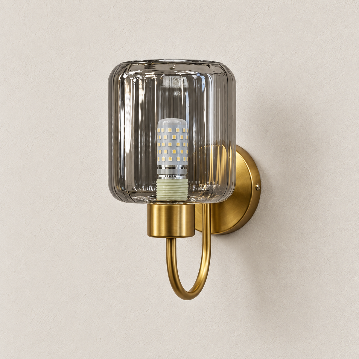 Fluted smoke shade wall light with U-shaped arm and round wall plate, switched off