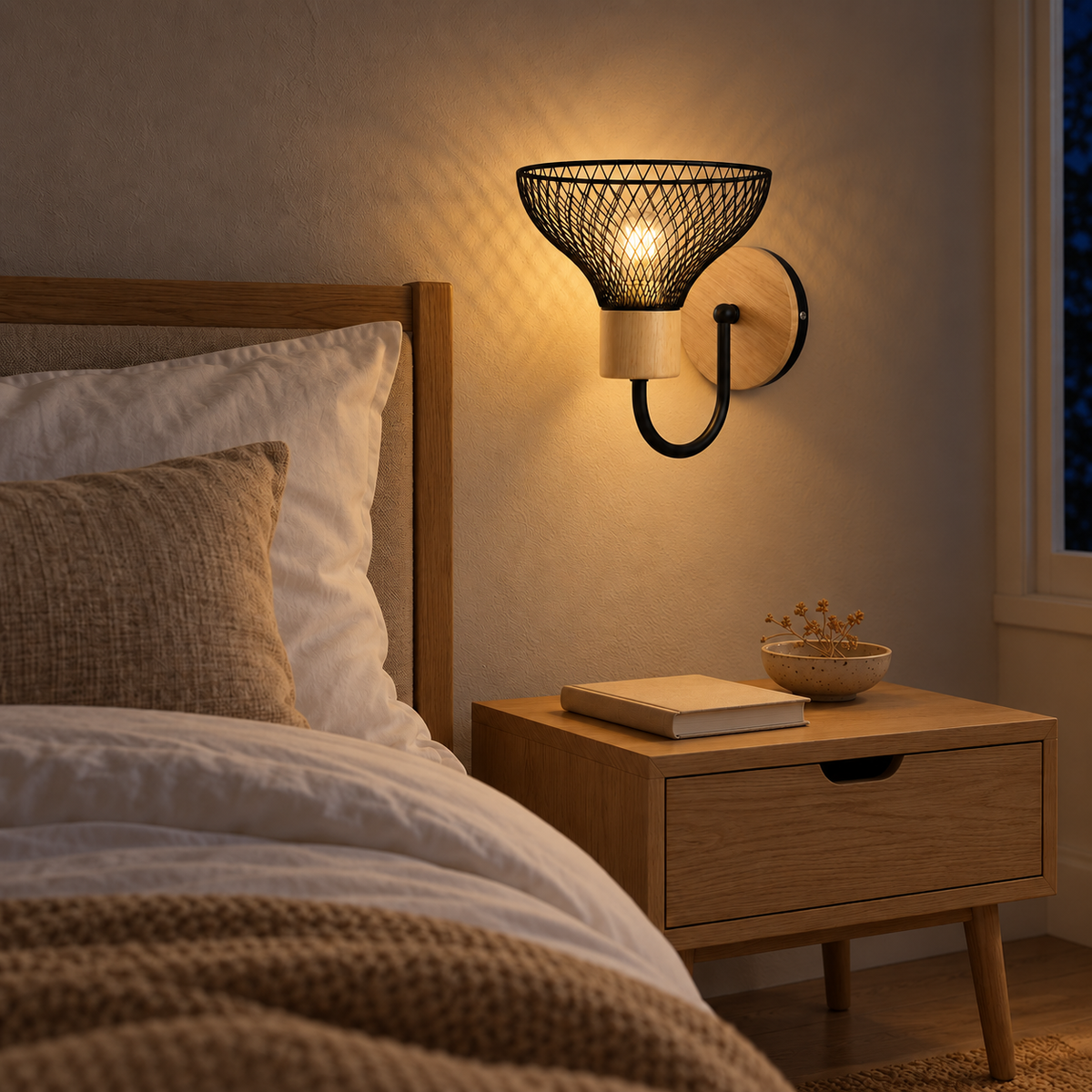 Black Mesh Bowl Wood Wall Light above a pale wood bedside table beside a bed at night, illuminated
