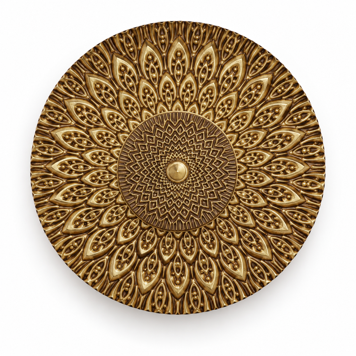 Round gold-tone medallion wall light with radial feather-like relief and a geometric centre, switched off