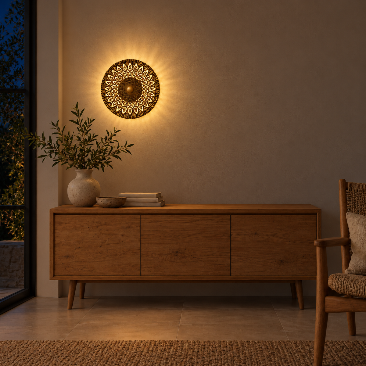 Radial Medallion Wall Light illuminated in an interior at night