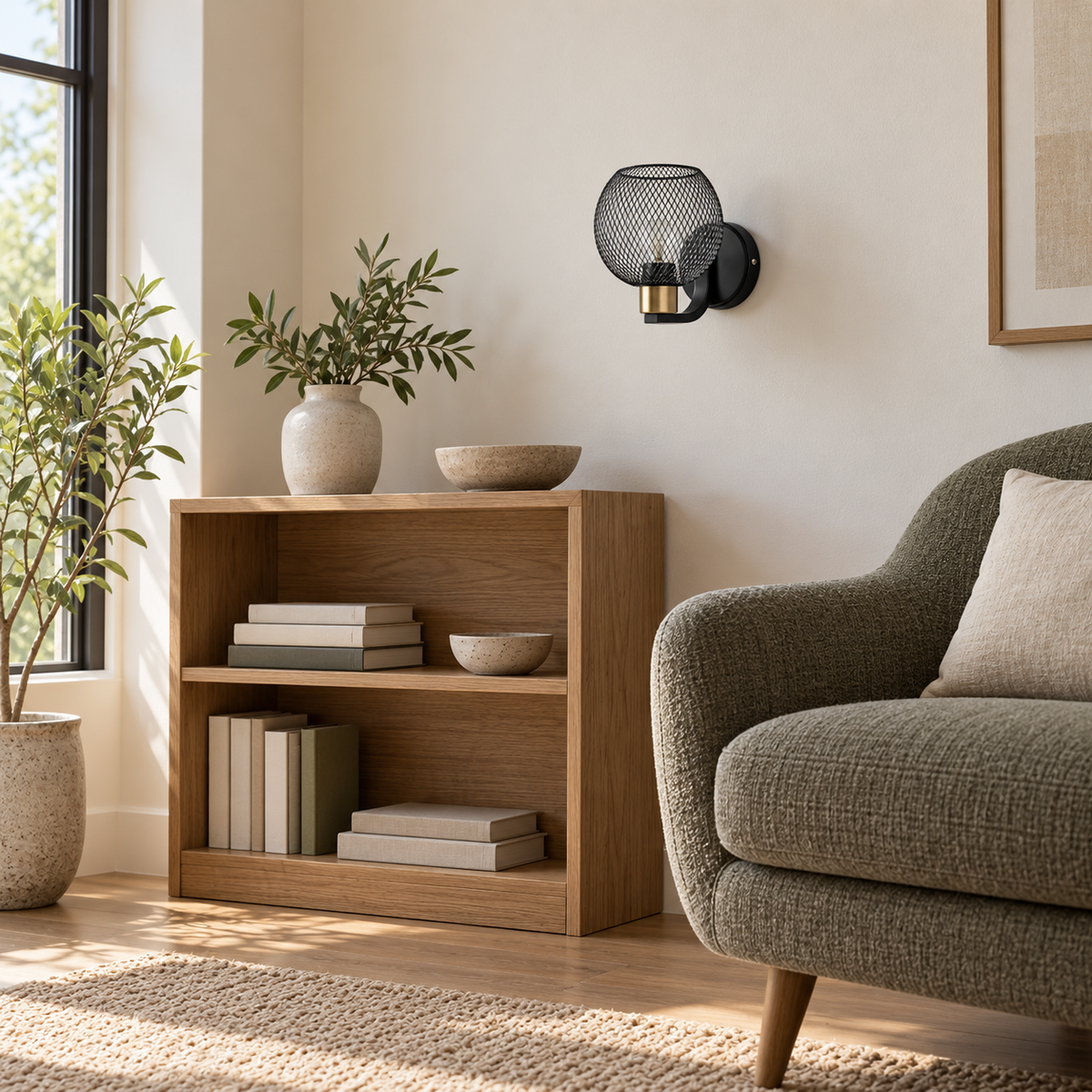 Black Mesh Globe Wall Light above a low bookcase beside a green upholstered armchair in daylight, switched off