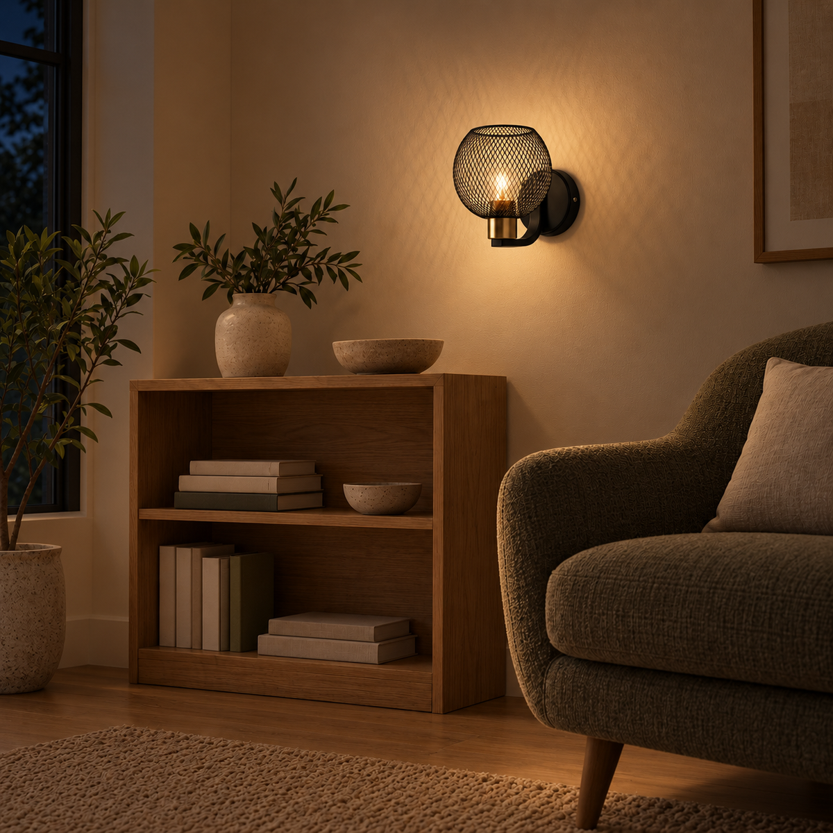 Black Mesh Globe Wall Light above a low bookcase beside a green upholstered armchair at night, illuminated