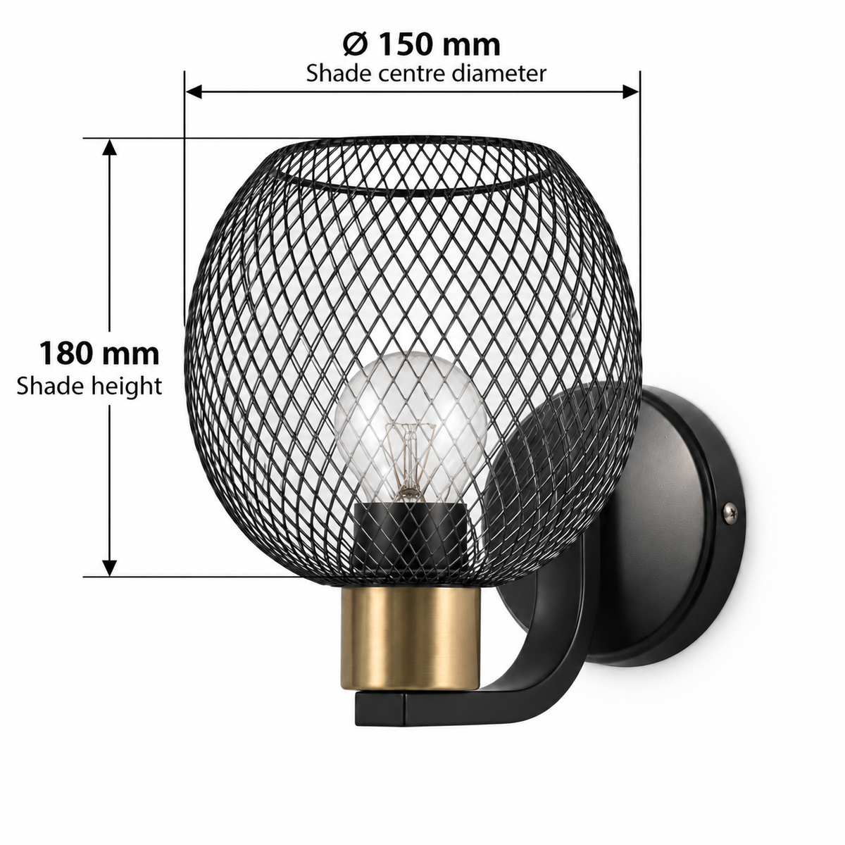 Black mesh globe wall light dimension guide showing metal shade widest-centre diameter 150 mm and shade-only height 180 mm, excluding the collar and arm