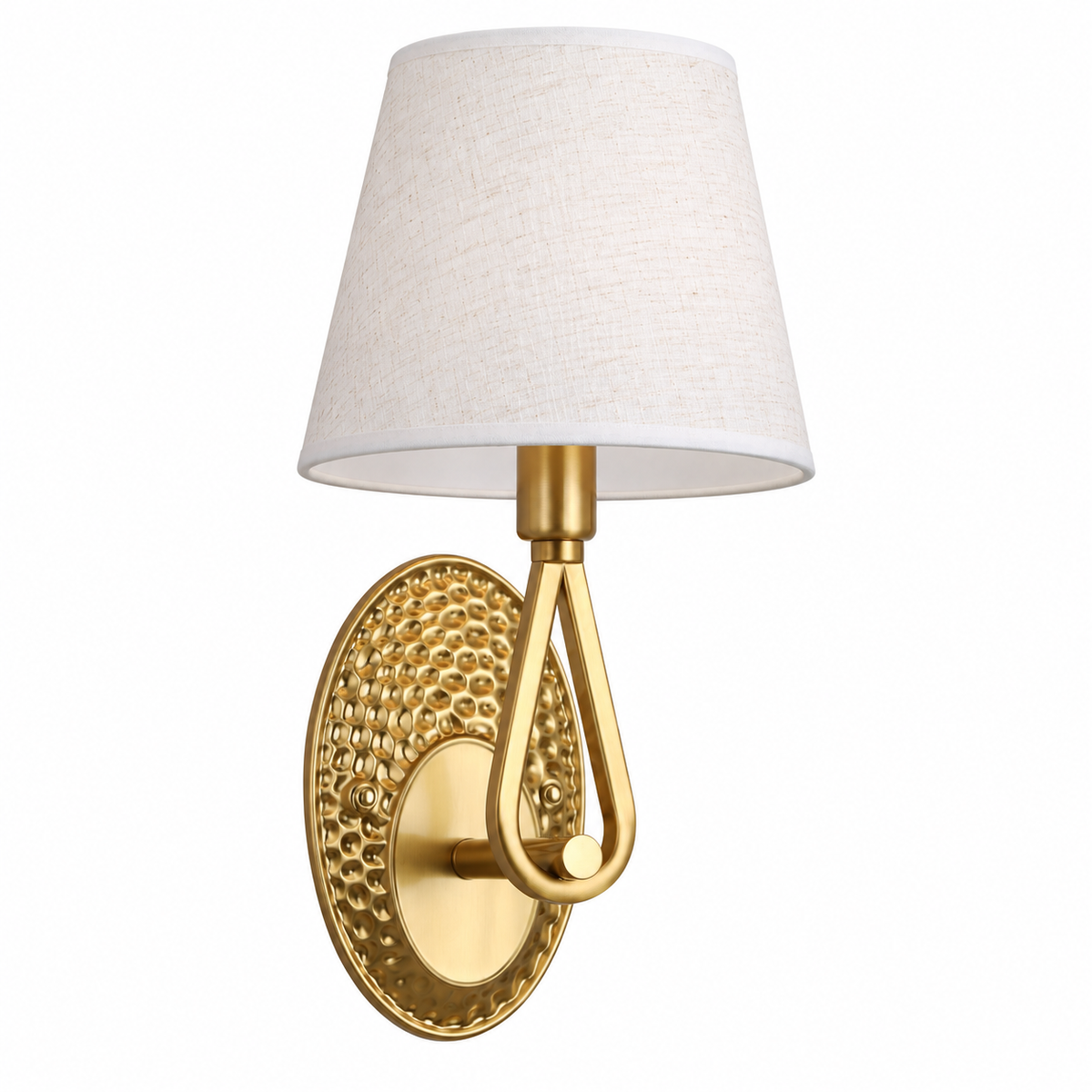 White tapered shade wall light with a gold-tone teardrop loop and textured oval backplate, switched off against a white background