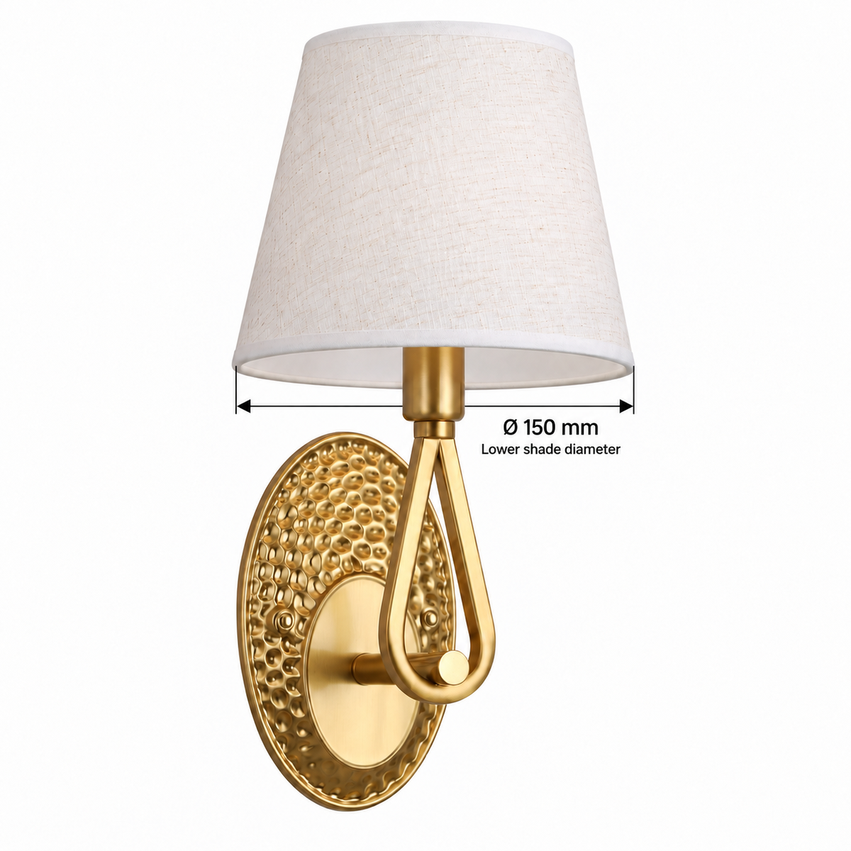Teardrop loop wall light dimension guide showing lower shade diameter 150 mm
