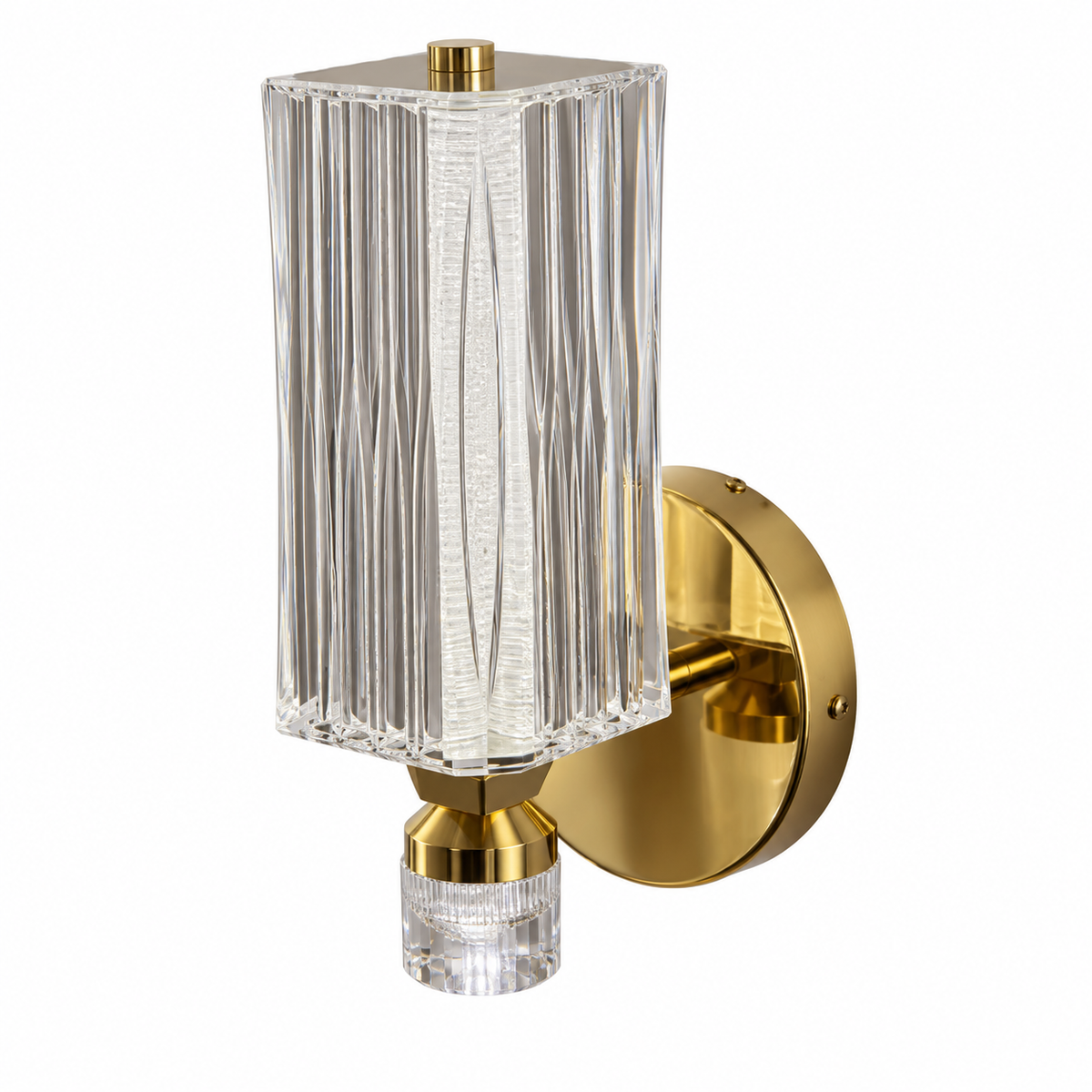 Clear fluted rectangular acrylic wall light with a round gold-tone backplate, switched off against a white background