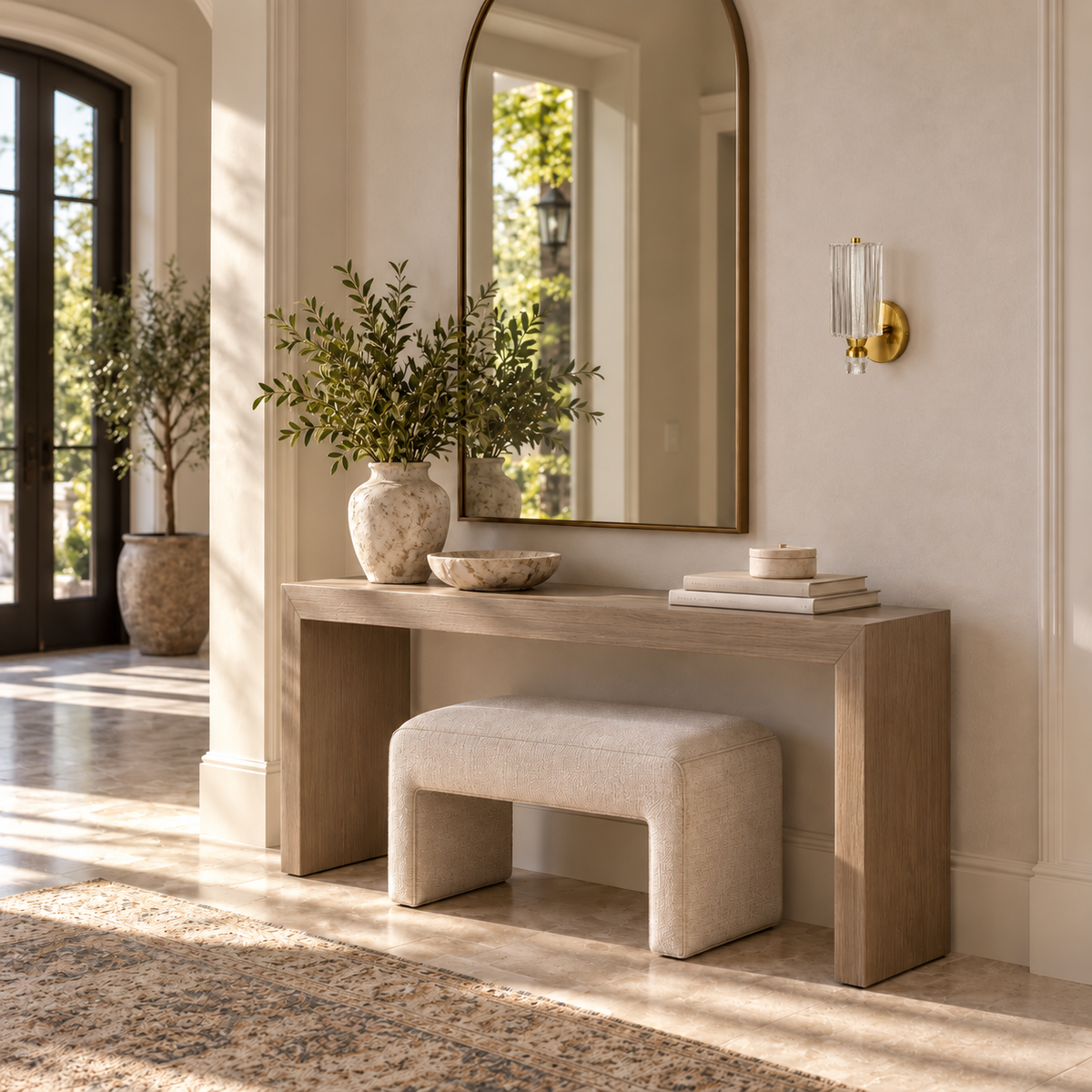 Fluted Acrylic Gold-Tone Wall Light beside a mirror above a stone-look console and upholstered bench in daylight, switched off