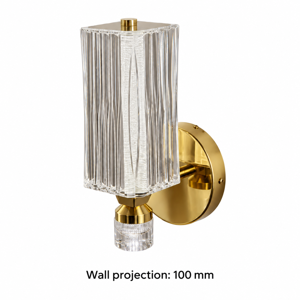 Fluted acrylic gold-tone wall light with dimension note stating wall projection 100 mm