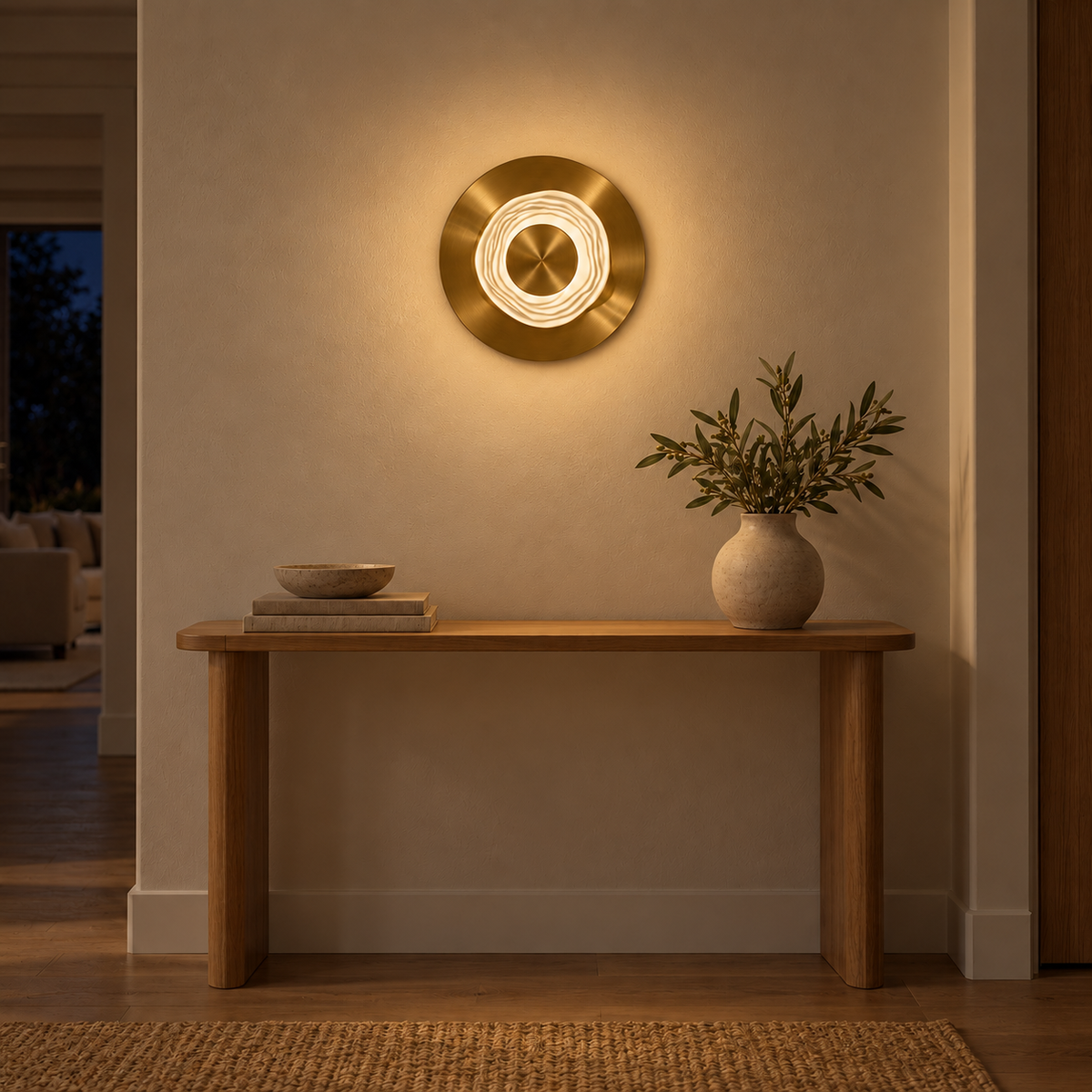 Rippled Ceramic Medallion Wall Light illuminated in a night-time interior
