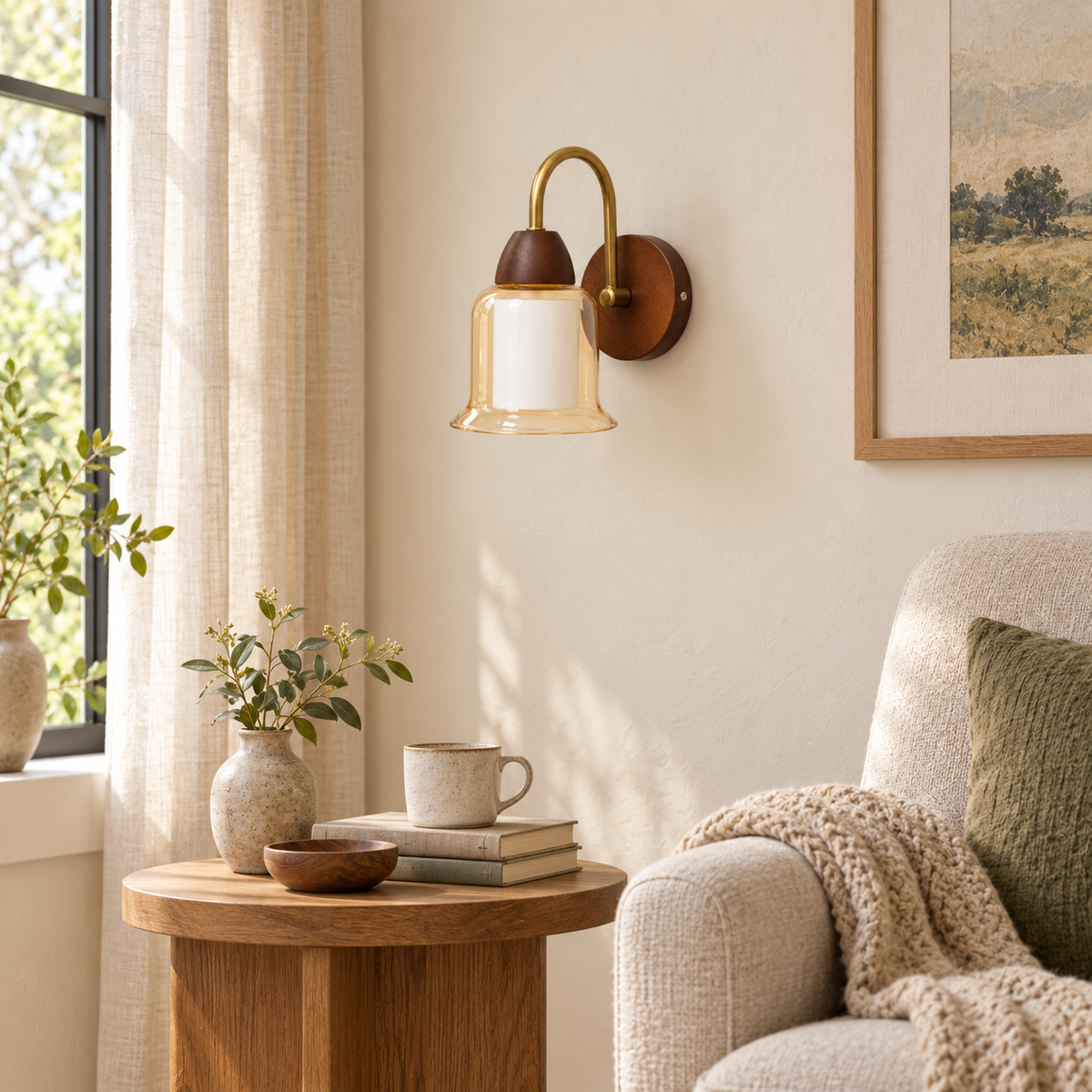Amber Bell Glass Gooseneck Wall Light above a round wood side table beside a textured upholstered armchair in daylight, switched off