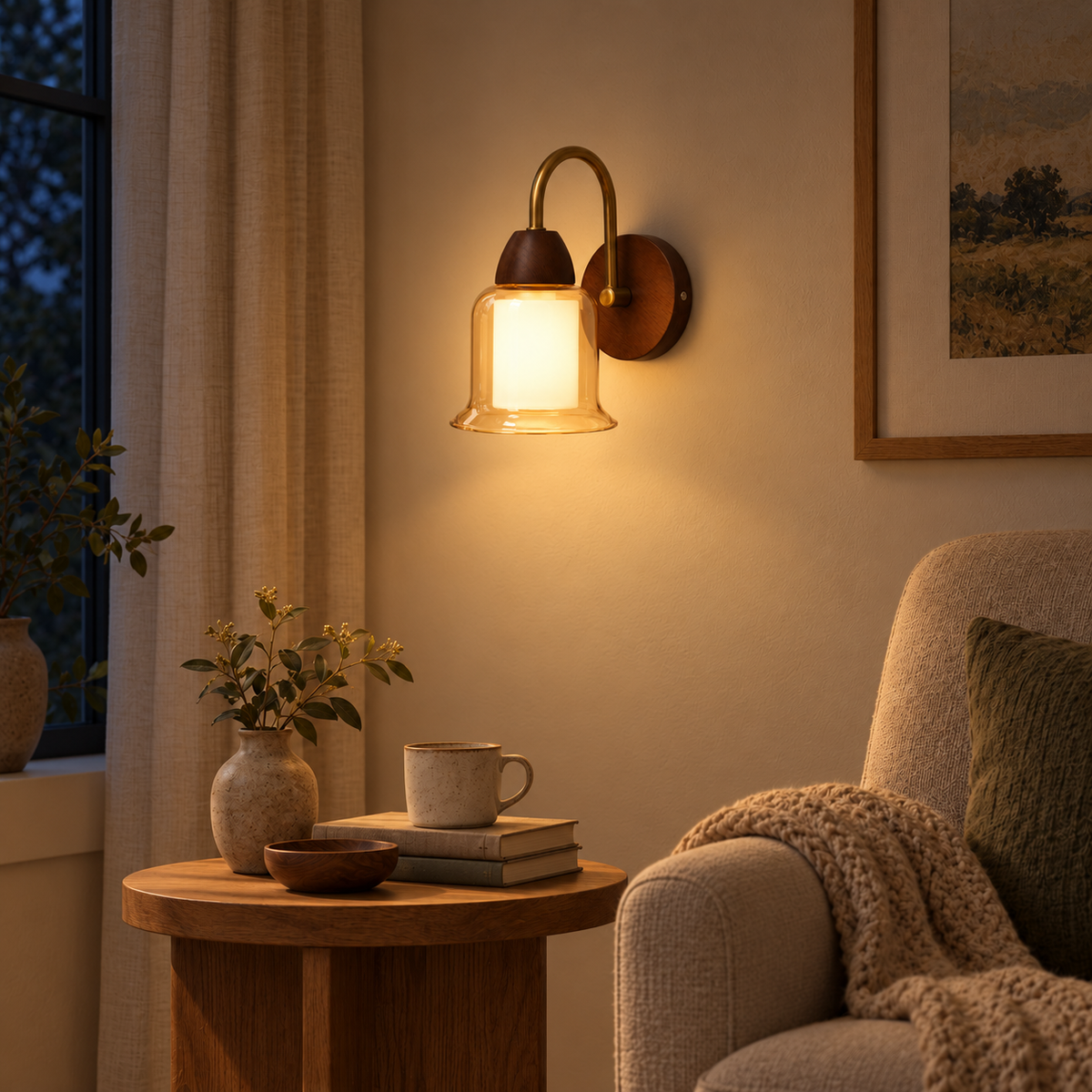 Amber Bell Glass Gooseneck Wall Light above a round wood side table beside a textured upholstered armchair at night, illuminated