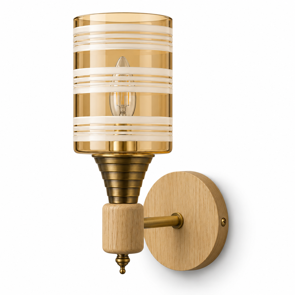 Amber glass wall light with horizontal white bands, gold-tone support and pale wood-look backplate, switched off against a white background